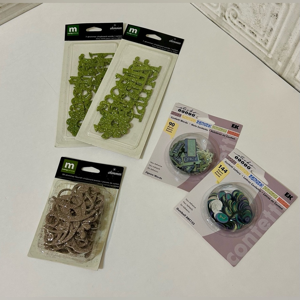 glittered Chipboard Letters/Phrases, jigsaw confetti, & gumball ABC123 confetti